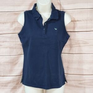 Eddie Bauer polo sleeveless top stretch navy blue lime green trim S Petite